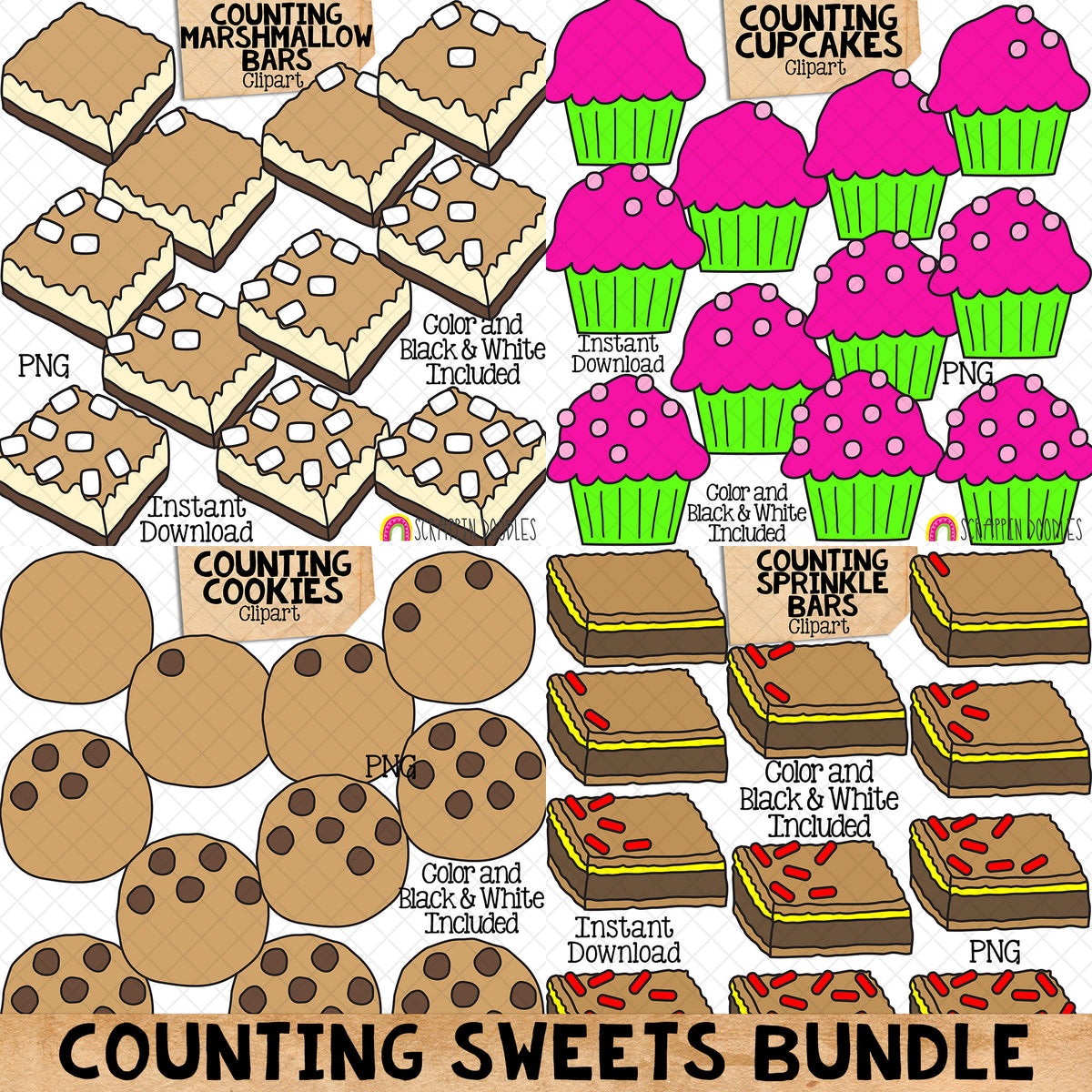Counting Sweets ClipArt Bundle - Cookies - Cupcakes - Sprinkle Bars - Marshmallows - CU PNG Sublimation