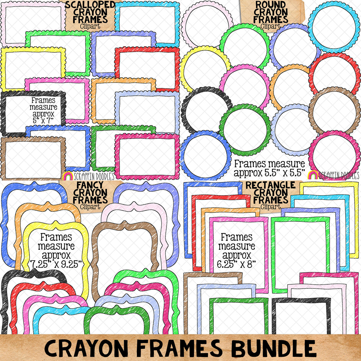 Crayon Colored Frames / Borders ClipArt Bundle - Commercial Use - PNG