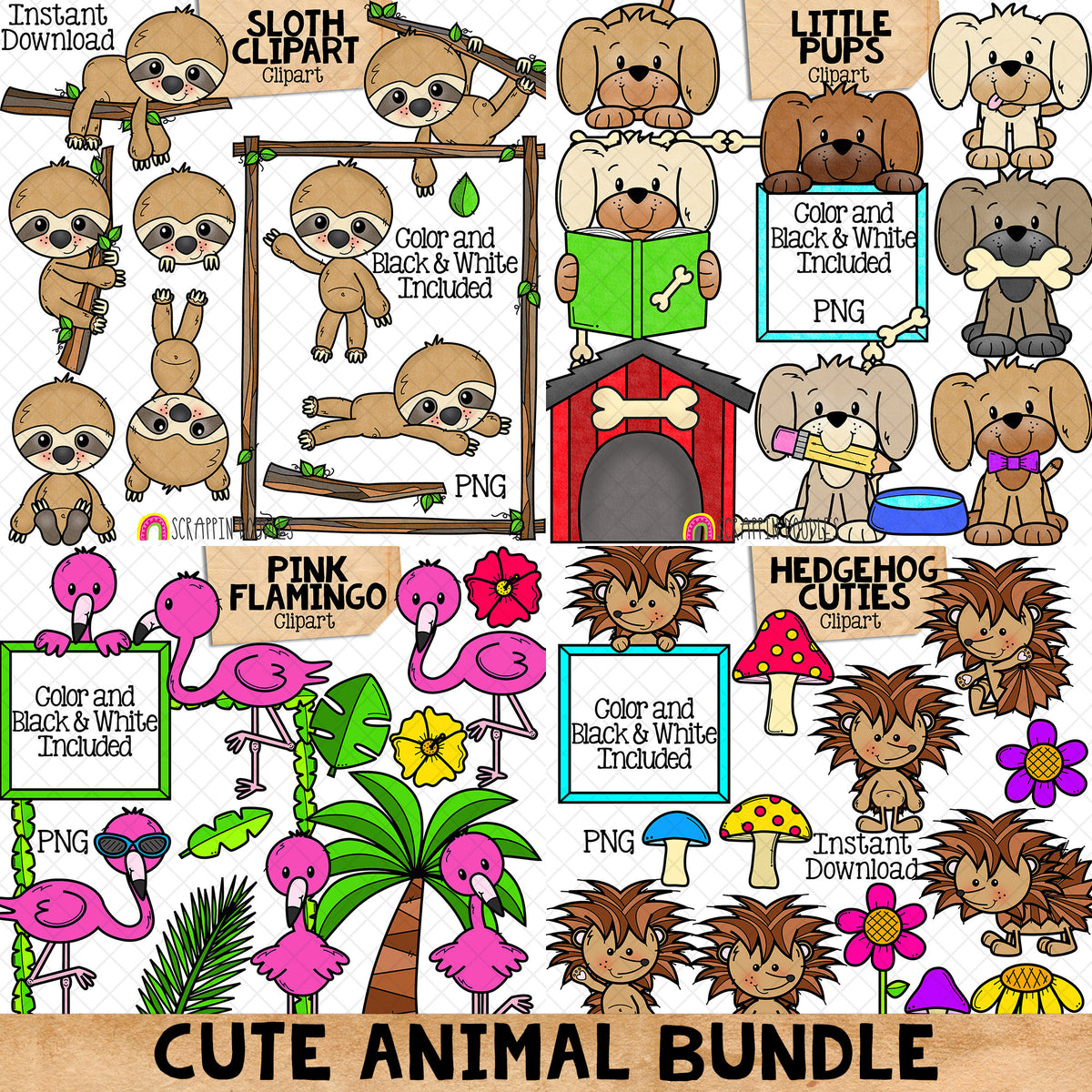 Cute Animal ClipArt Bundle - Sloth - Puppies - Dogs - Pink Flamingo - Hedgehog - CU PNG Sublimation