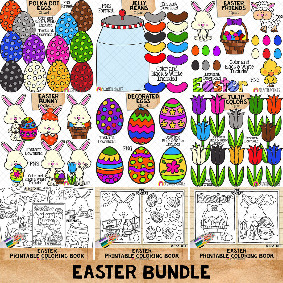 Easter Clip Art Bundle - Eggs - Bunny - Chicks - Jelly Beans - Tulips - CU PNG Sublimation