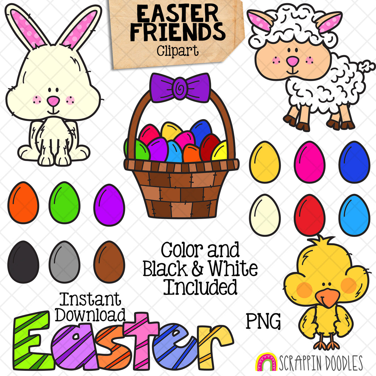 Easter Friends ClipArt- Bunny - Chick - Sheep - Eggs - Basket - Commercial Use - PNG - CU PNG Sublimation