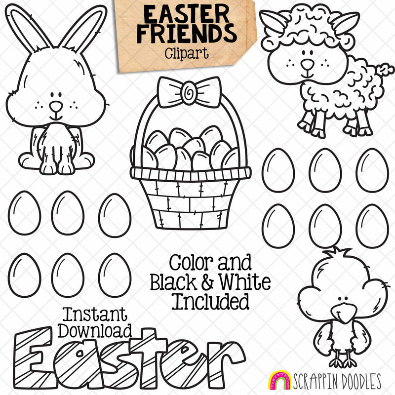 Easter Friends ClipArt- Bunny - Chick - Sheep - Eggs - Basket - Commercial Use - PNG - CU PNG Sublimation