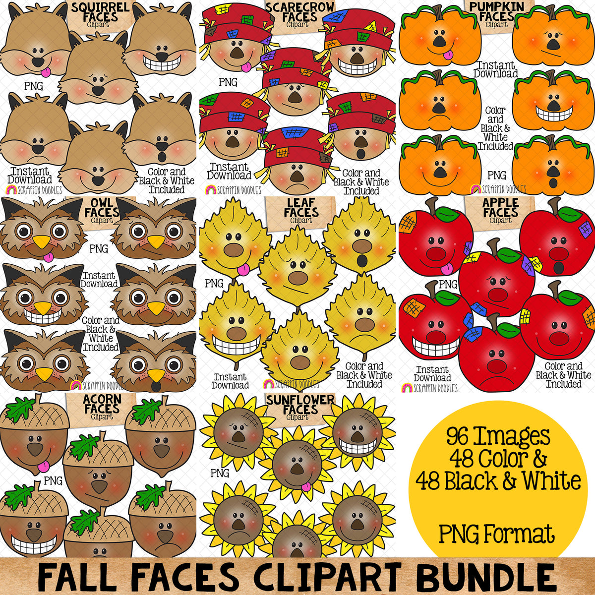 Fall Faces Bundle - Autumn Facial Expressions - Acorn - Apple - Leaf - Owl - Pumpkin - Scarecrow - Squirrel - Sunflower - CU PNG Sublimation