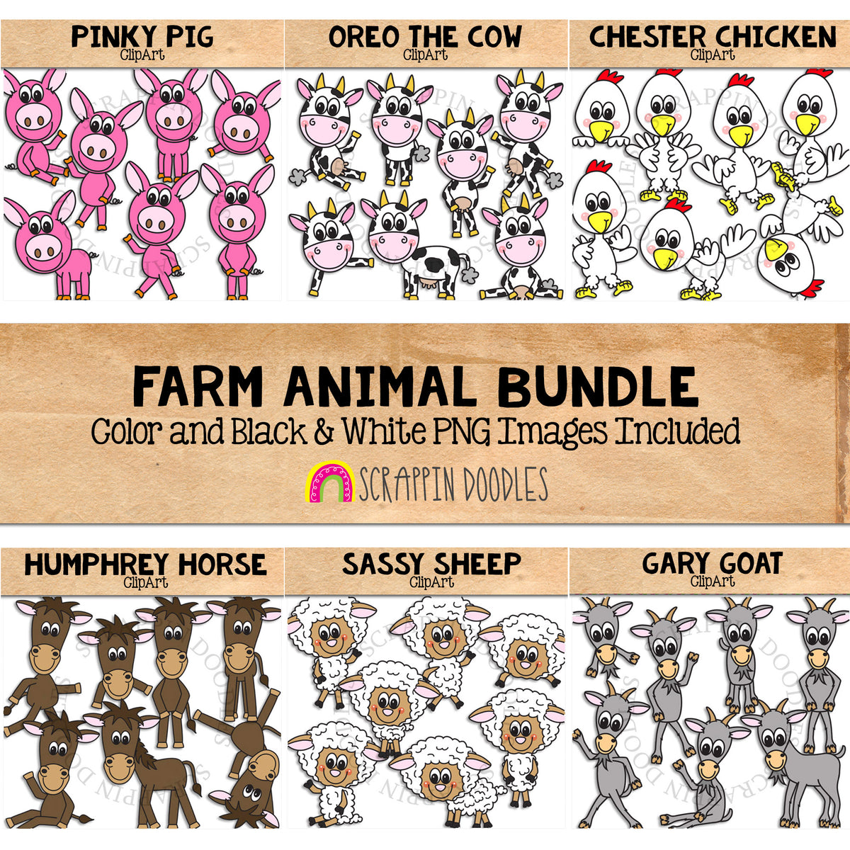Farm Animal ClipArt Bundle - Pig - Cow - Horse - Chicken - Sheep - Cow - Commercial Use - PNG