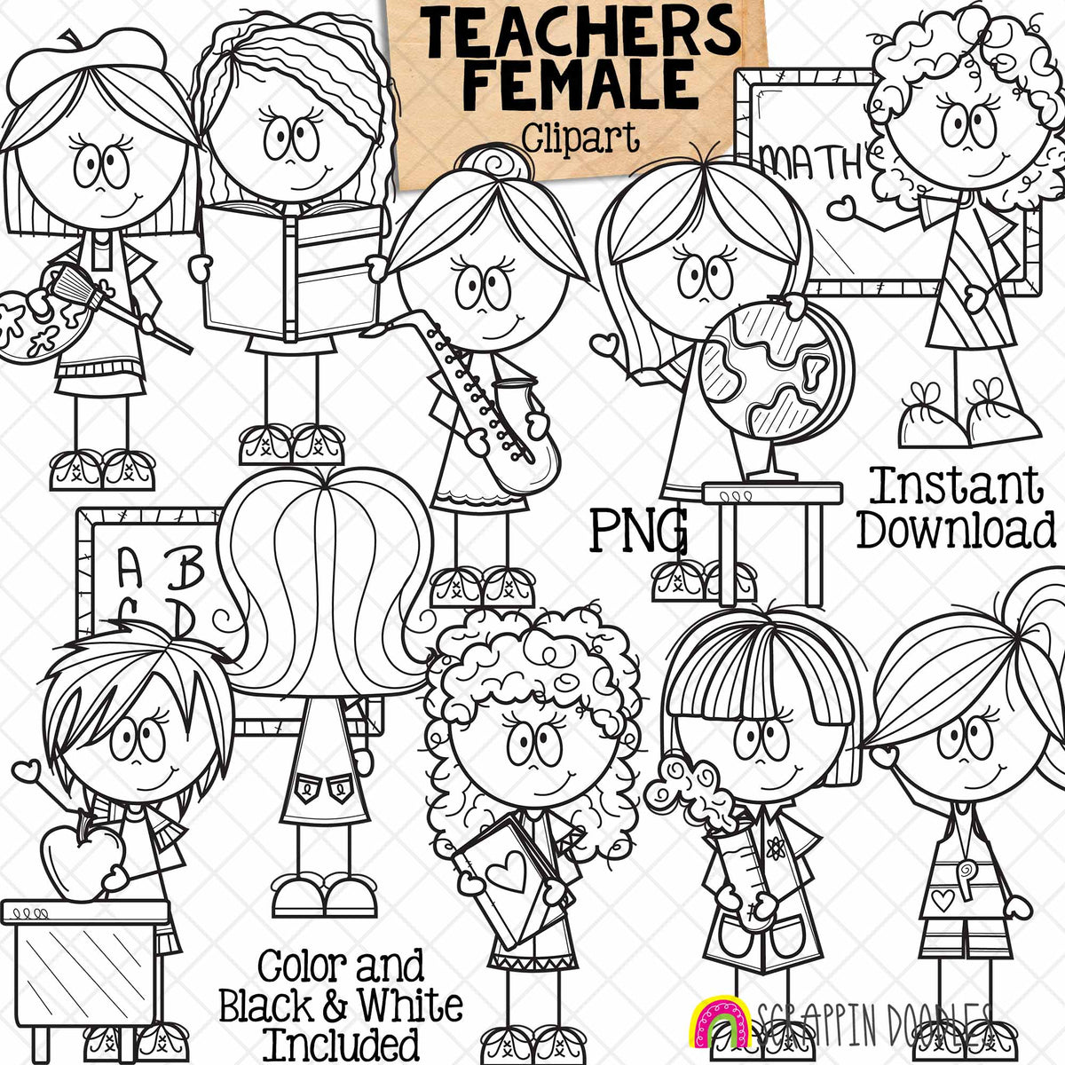 Female School Teachers Clip Art - Women Teaching - Science - Math - Music - Language Arts - Social Studies - Phys Ed - CU PNG Graphics