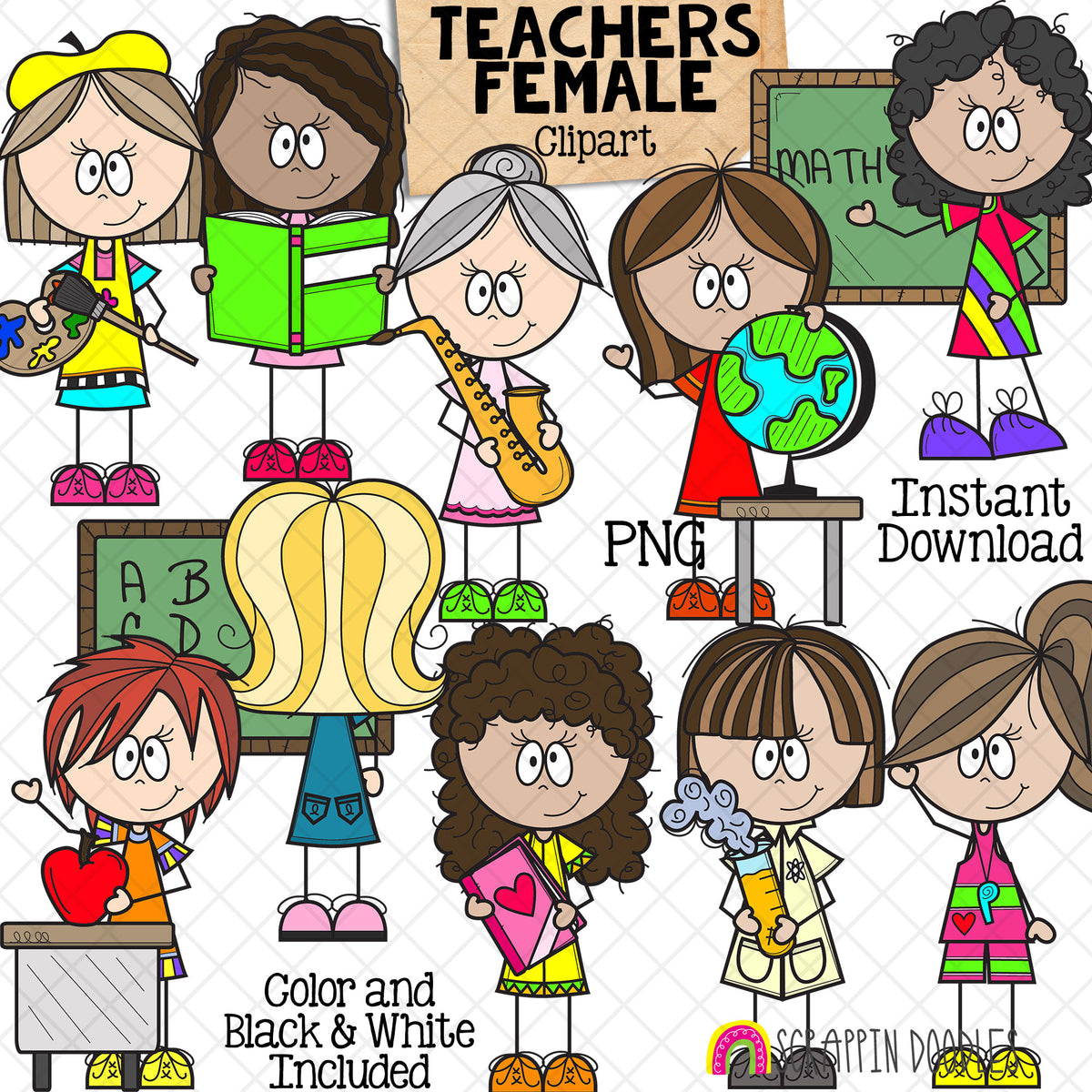 Female School Teachers Clip Art - Women Teaching - Science - Math - Music - Language Arts - Social Studies - Phys Ed - CU PNG Graphics
