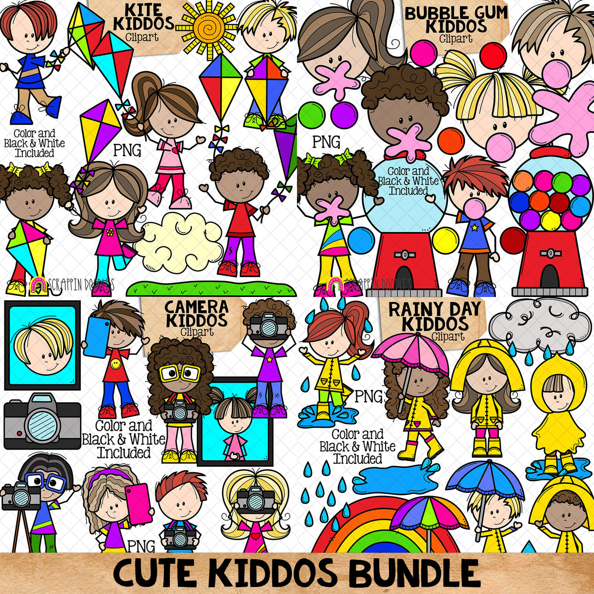Cute Kids ClipArt Bundle - Rainy Day - Flying Kites - Bubblegum - Photographer - CU PNG Sublimation