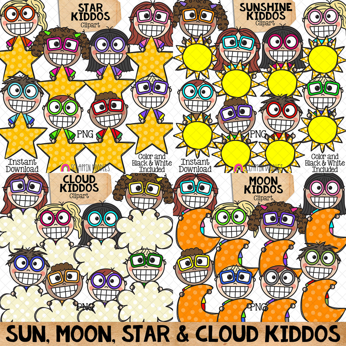 Cloud, Moon, Star &amp; Sunshine Kiddos ClipArt Bundle - CU PNG Sublimation
