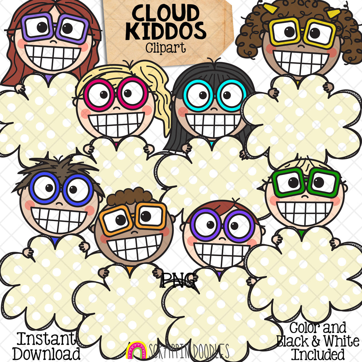 Cloud Kiddos ClipArt - Kids Holding Clouds - CU PNG - Hand Drawn