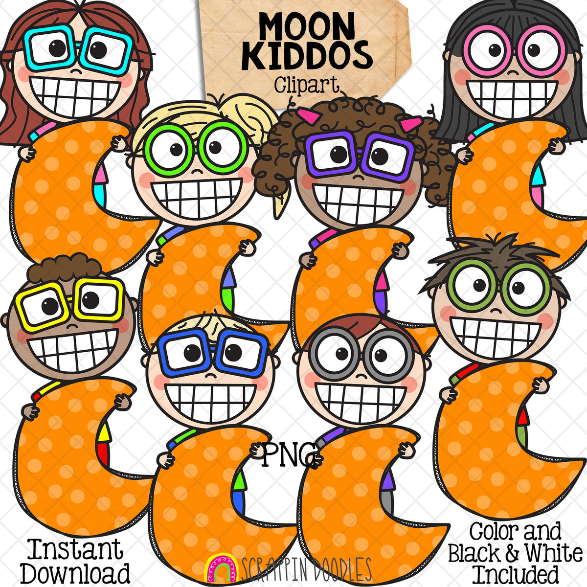 Moon Kiddos ClipArt - Kids Holding Moons - CU PNG - Hand Drawn
