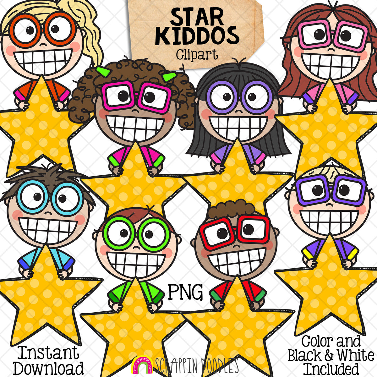 Star Kiddos ClipArt - Kids Holding Stars - CU PNG - Hand Drawn