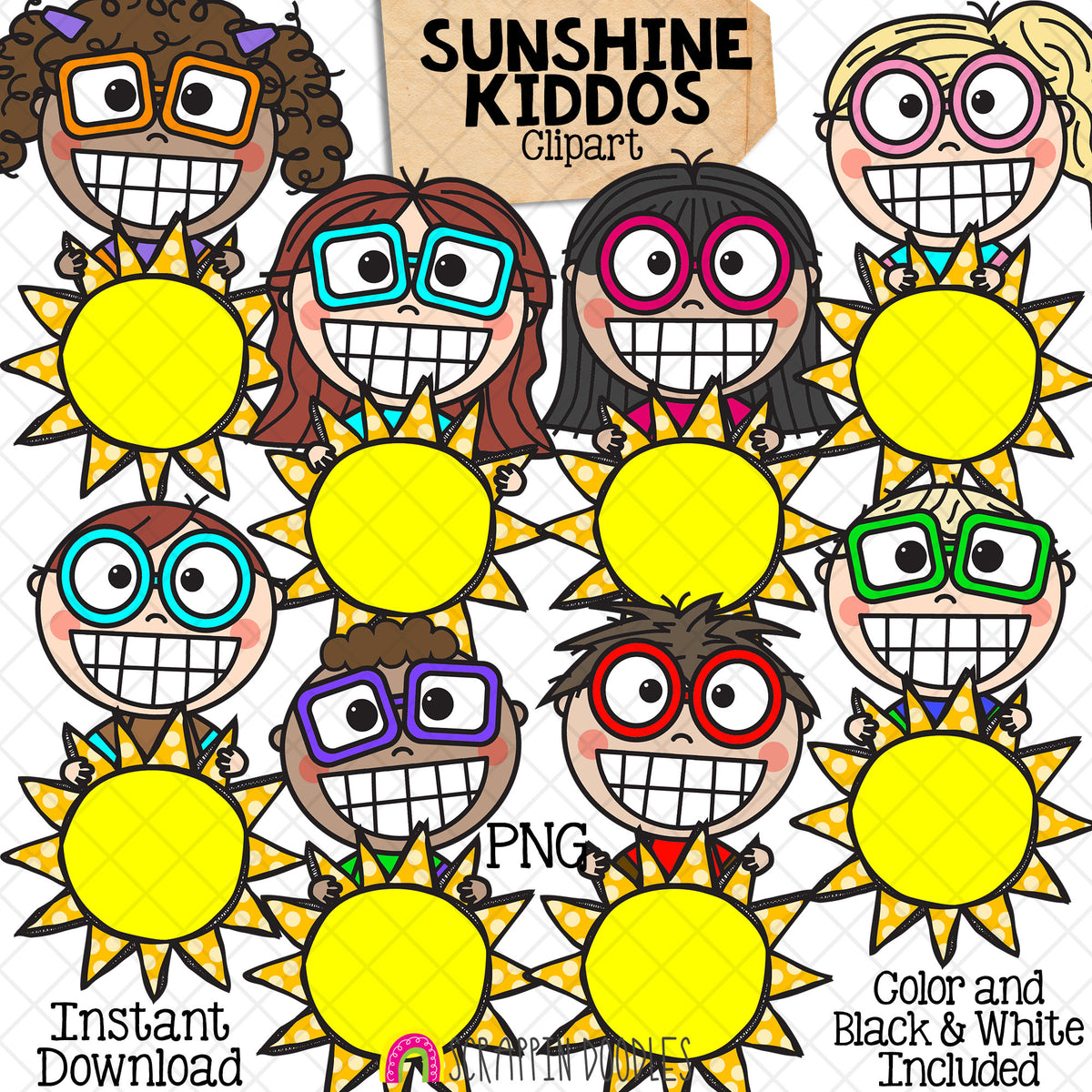 Sunshine Kiddos ClipArt - Kids Holding Suns - CU PNG - Hand Drawn