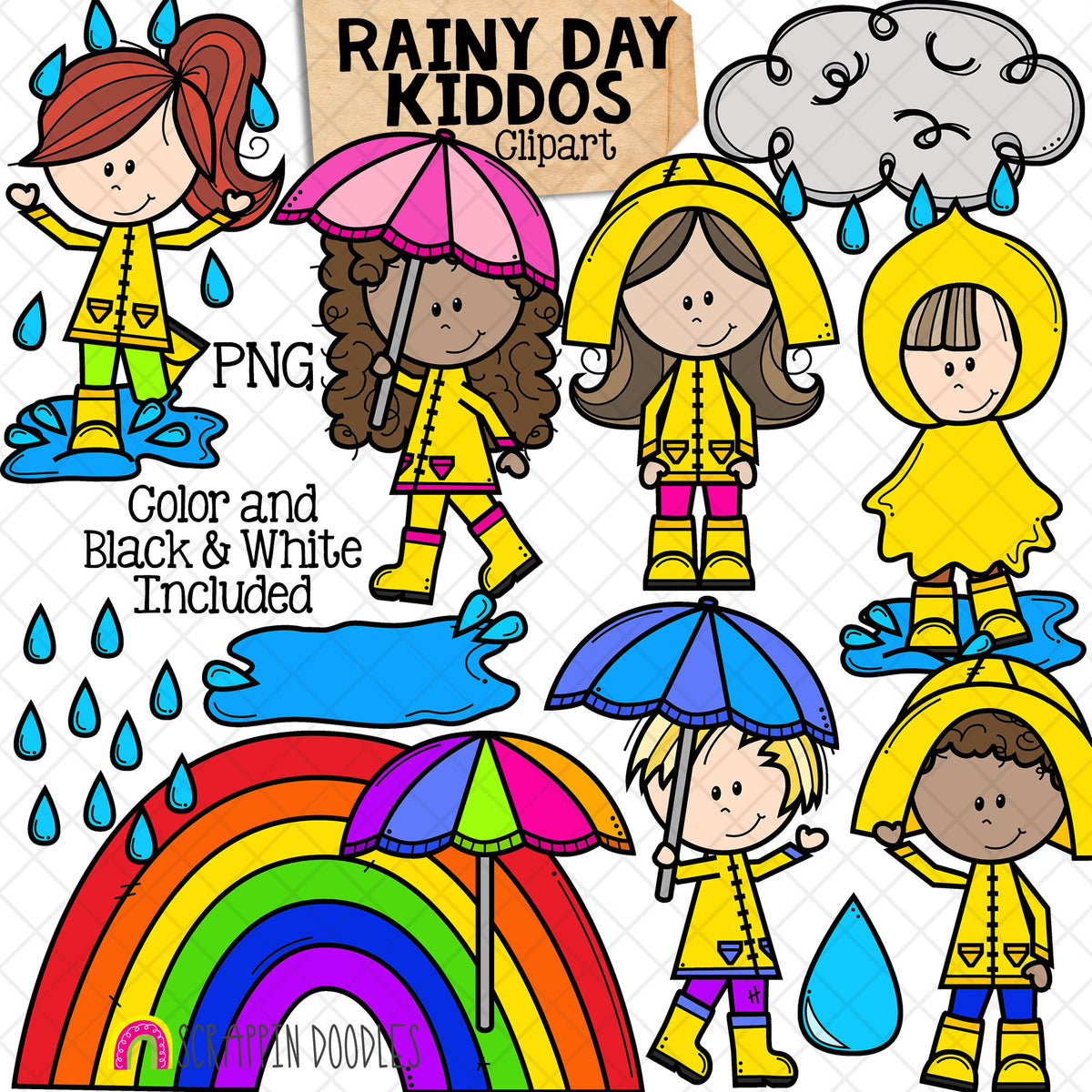 Cute Kids ClipArt Bundle - Rainy Day - Flying Kites - Bubblegum - Photographer - CU PNG Sublimation