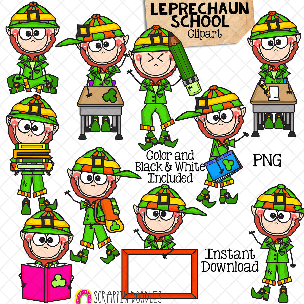 Leprechaun School - St Patricks Day - ClipArt - Student - Shamrock - Irish - CU PNG Sublimation