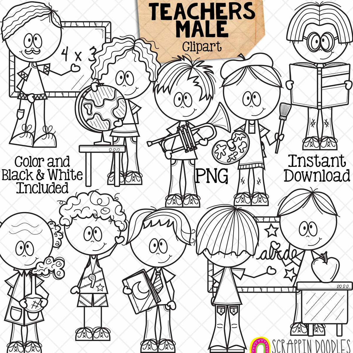 Male School Teachers Clip Art - Men Teaching - Science - Math - Music - Language Arts - Social Studies - Phys Ed - CU PNG Graphics