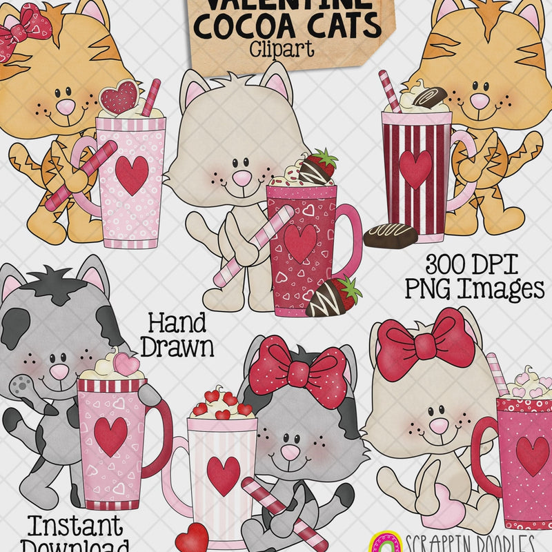 Hand-drawn Valentine Cocoa Cats clipart featuring six cute kittens with pink and red hot chocolate mugs, hearts, marshmallows and sweet treats.
