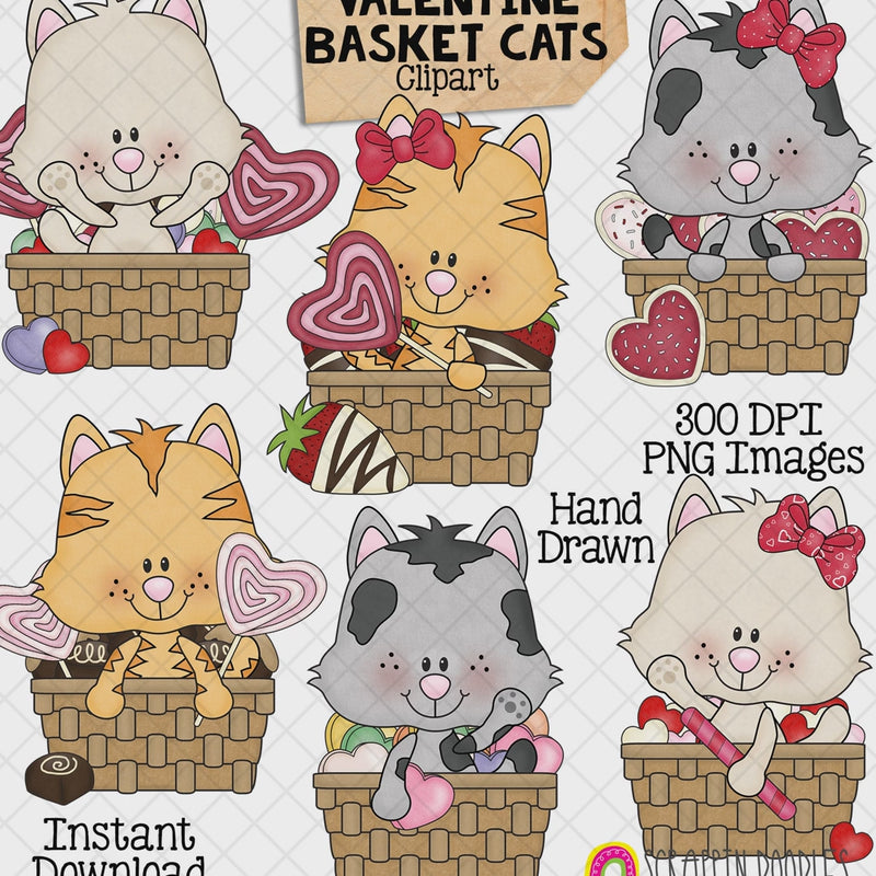 Hand-drawn Valentine Basket Cats clipart featuring six cute kittens in woven baskets with heart cookies, lollipops, chocolates and colorful candy.
