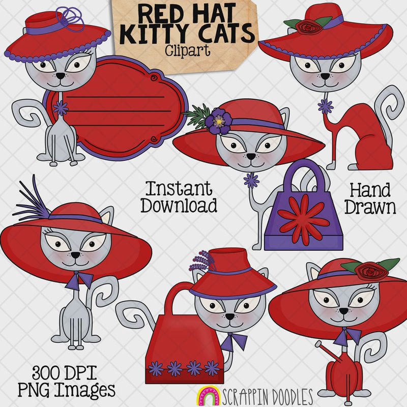 Six hand-drawn grey kitty cats wearing fashionable red hats with shopping bags, knitting, red and purple accessories, and a decorative sign.