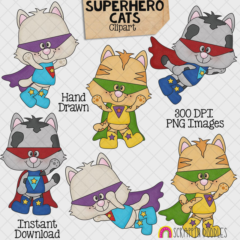 Hand-drawn Superhero Cats clipart featuring six cute kittens wearing colorful masks, capes, boots and star costumes in heroic action poses.
