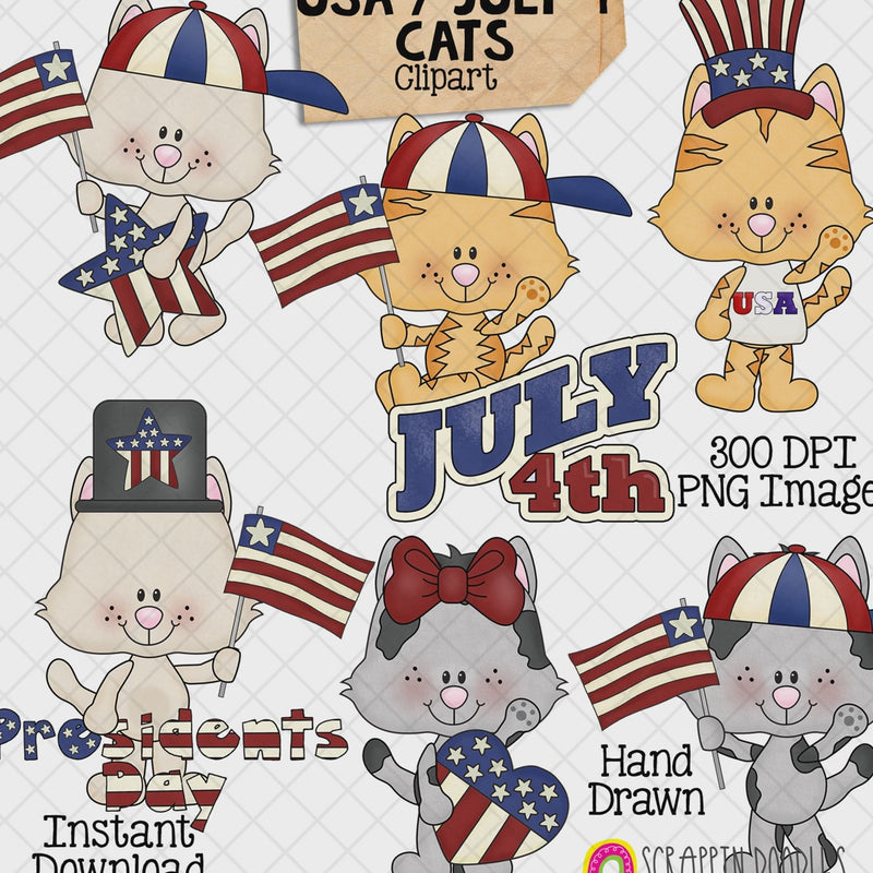 Hand-drawn USA Cats clipart featuring six cute kittens with American flags, patriotic hats, red white and blue clothing and July 4th decorations.
