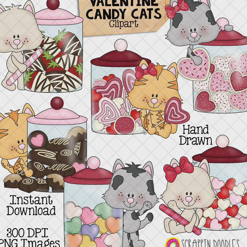 Hand-drawn Valentine Candy Cats clipart featuring six cute kittens with jars of chocolates, heart cookies, lollipops and colorful candy hearts.
