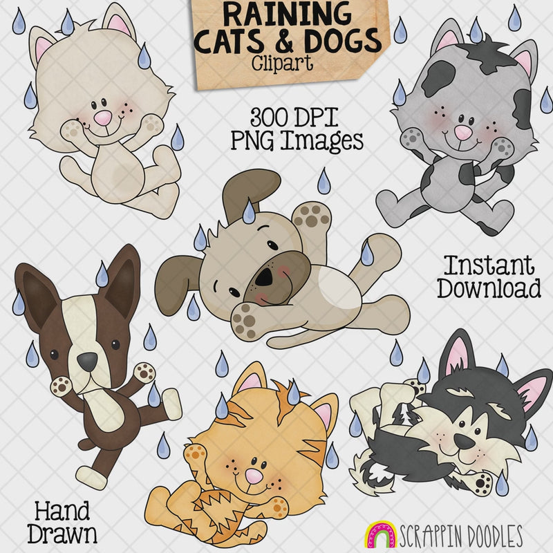 Hand-drawn Raining Cats and Dogs clipart featuring three cute kittens and three playful puppies tumbling through blue raindrops.
