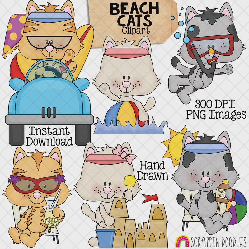Hand-drawn Beach Cats clipart featuring six cute kittens driving to the beach, snorkeling, playing with a beach ball, building a sandcastle and relaxing.
