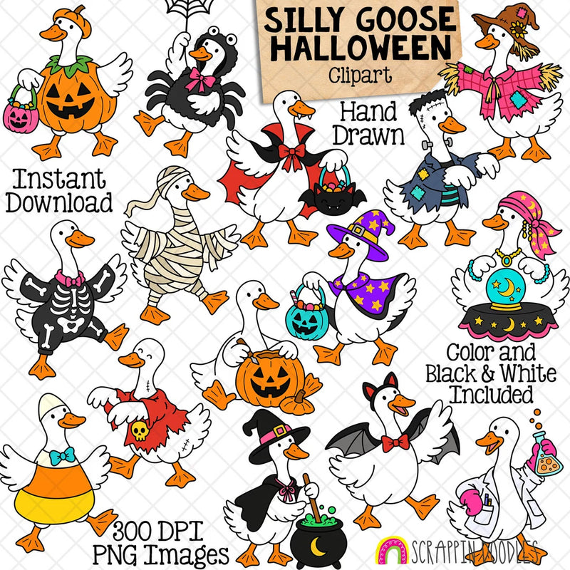Silly Goose Halloween clipart set with cute hand drawn geese in Halloween costumes including color and black and white PNG images.