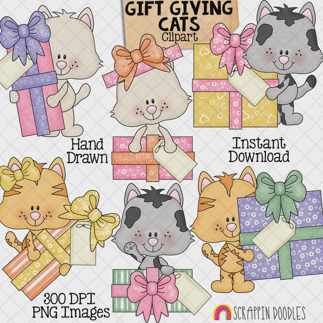 Hand-drawn Gift Giving Cats clipart featuring six cute kittens holding colorful wrapped presents decorated with patterned ribbons, bows and gift tags.
