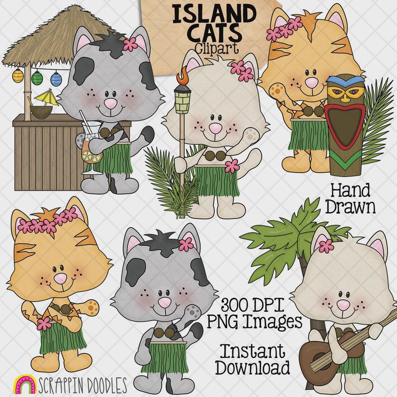 Hand-drawn Island Cats clipart featuring six cute kittens in grass skirts with tropical drinks, tiki decorations, a torch, drum and ukulele.
