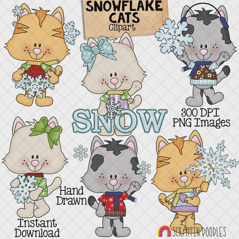 Hand-drawn Snowflake Cats clipart featuring six cute kittens in colorful winter sweaters, scarves, bows and earmuffs holding decorative snowflakes.
