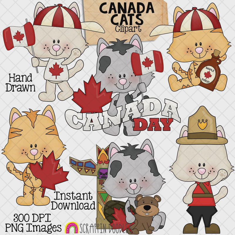 Hand-drawn Canada Cats clipart featuring cute kittens with Canadian flags, maple syrup, maple leaves, a beaver, Mountie uniform and Canada Day word art.