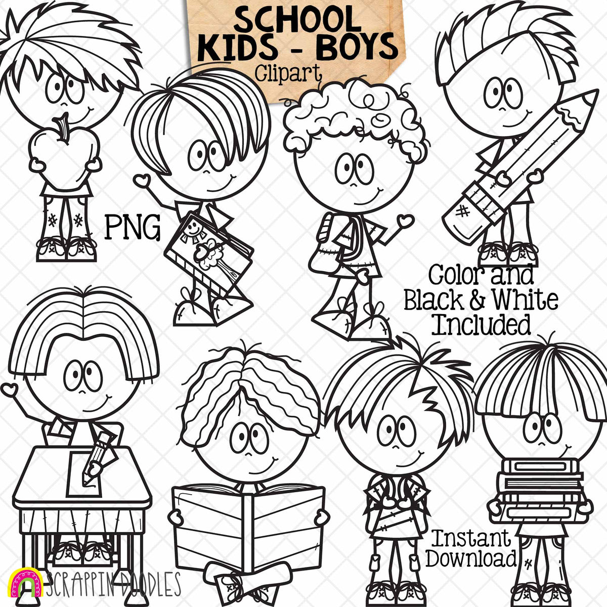 School Kids Clip Art - Boys - Students - Kiddos - Off to Class - CU PNG Graphics