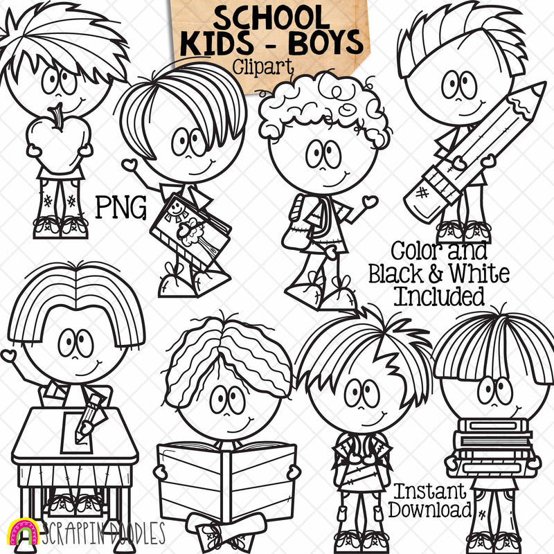 School Kids Clip Art - Boys - Students - Kiddos - Off to Class - CU PNG Graphics
