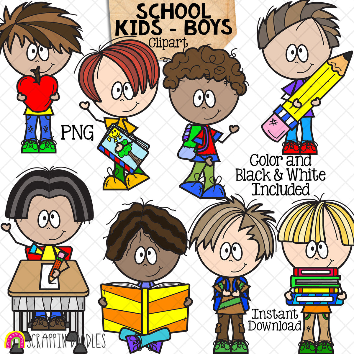 School Kids Clip Art - Boys - Students - Kiddos - Off to Class - CU PNG Graphics