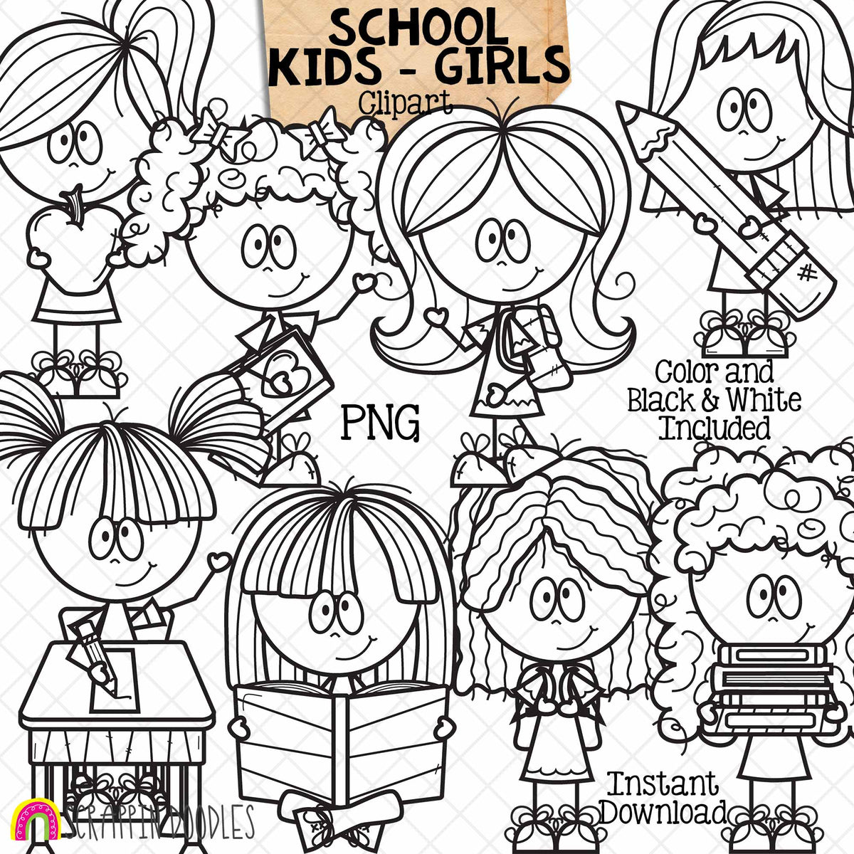 School Kids Clip Art - Girls - Students - Kiddos - Off to Class - CU PNG Graphics