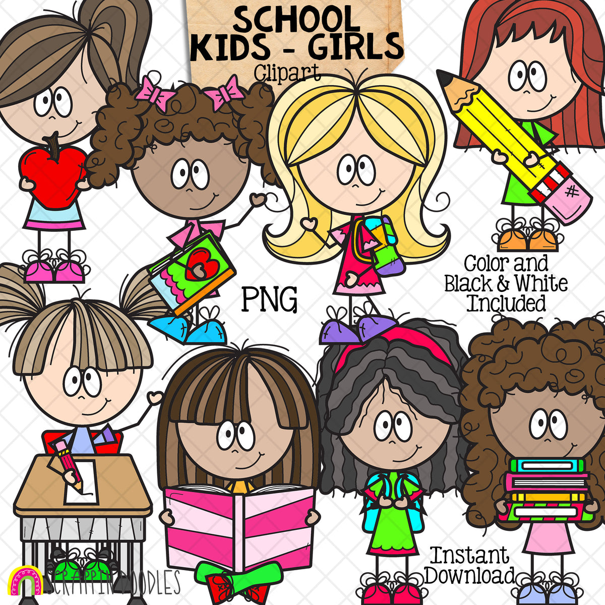 School Kids Clip Art - Girls - Students - Kiddos - Off to Class - CU PNG Graphics