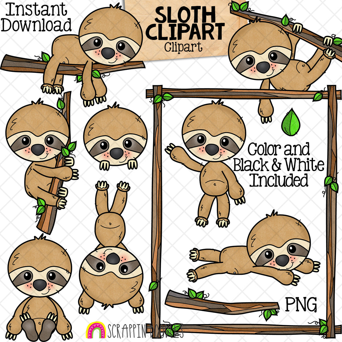 Cute Animal ClipArt Bundle - Sloth - Puppies - Dogs - Pink Flamingo - Hedgehog - CU PNG Sublimation