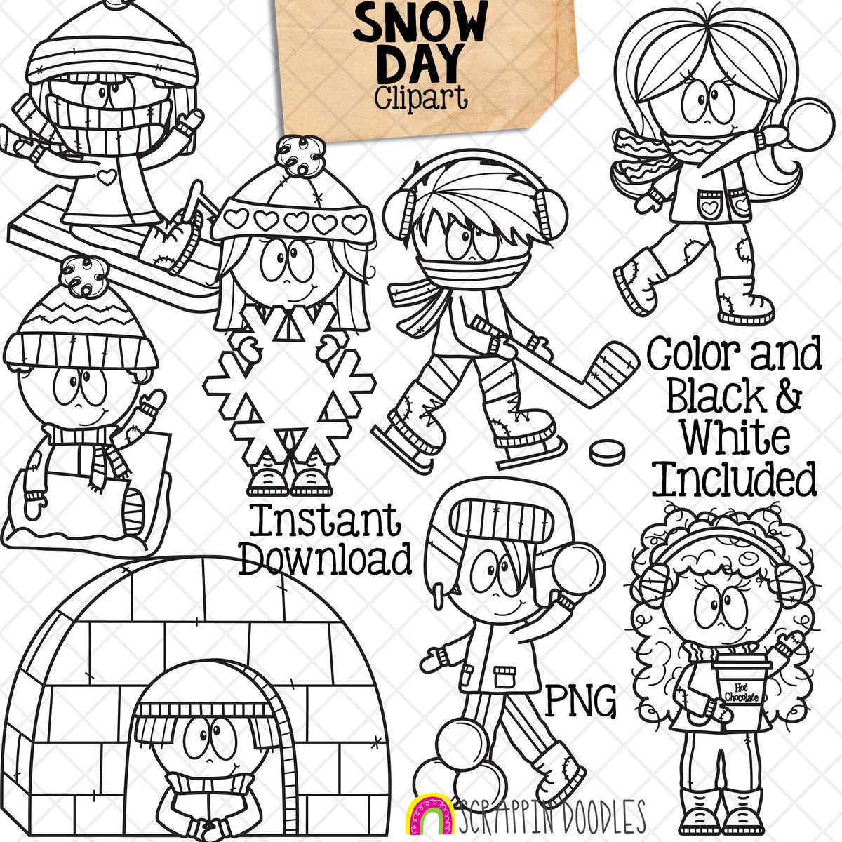 Snow Day ClipArt - Kids Playing in Snow - Sledding - Skating - Snowball Fight - Commercial Use - PNG Images