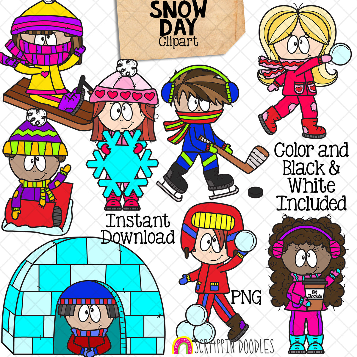 Snow Day ClipArt - Kids Playing in Snow - Sledding - Skating - Snowball Fight - Commercial Use - PNG Images
