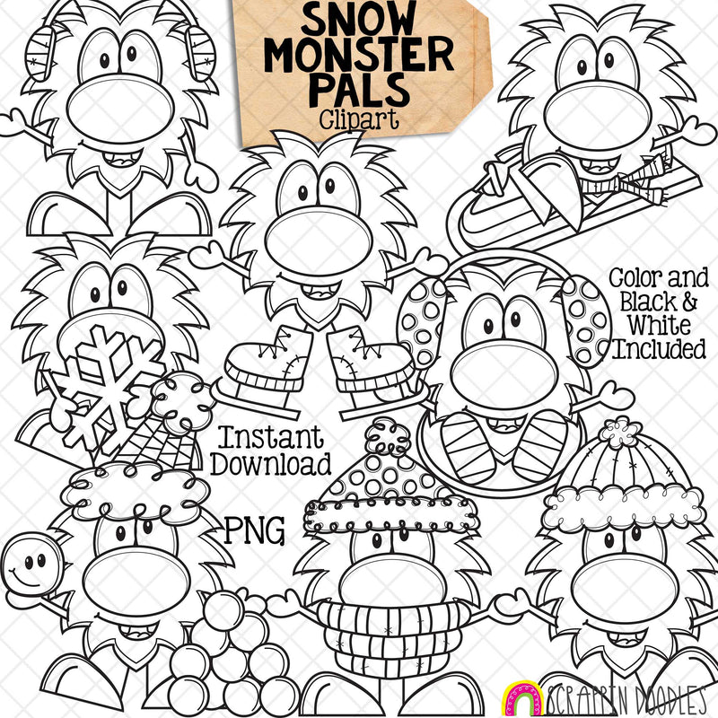 Snow Monster Pals ClipArt - Playing in Snow - Sledding - Skating - Snowball Fight - Commercial Use - PNG Images