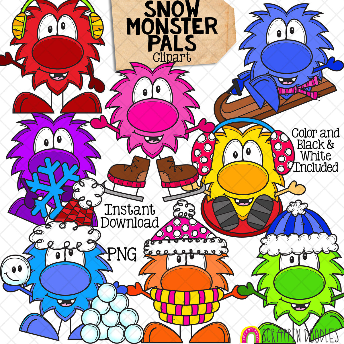 Snow Monster Pals ClipArt - Playing in Snow - Sledding - Skating - Snowball Fight - Commercial Use - PNG Images