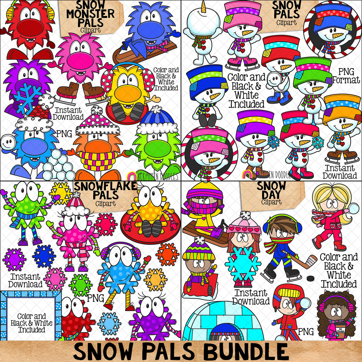 Snow Pals ClipArt Bundle - Flakes -Monsters - Snowmen - Kids - Winter Fun - CU PNG Sublimation