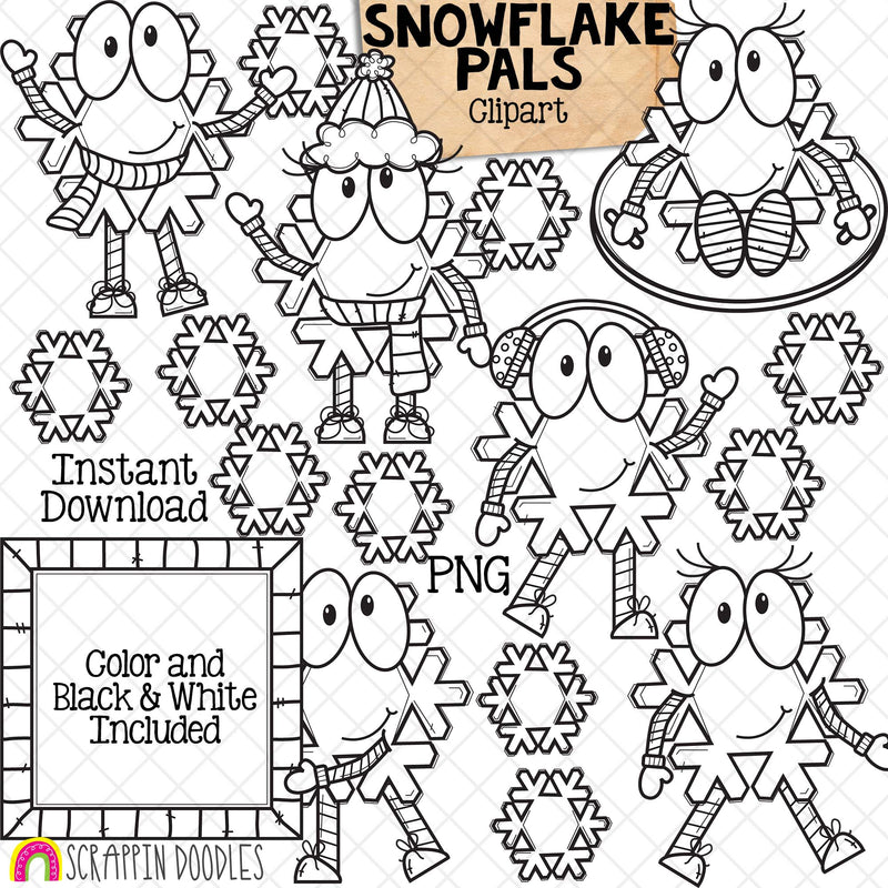 Snowflake Pals ClipArt - Snow Flake Characters - Sledding - Skating - Commercial Use - PNG Images