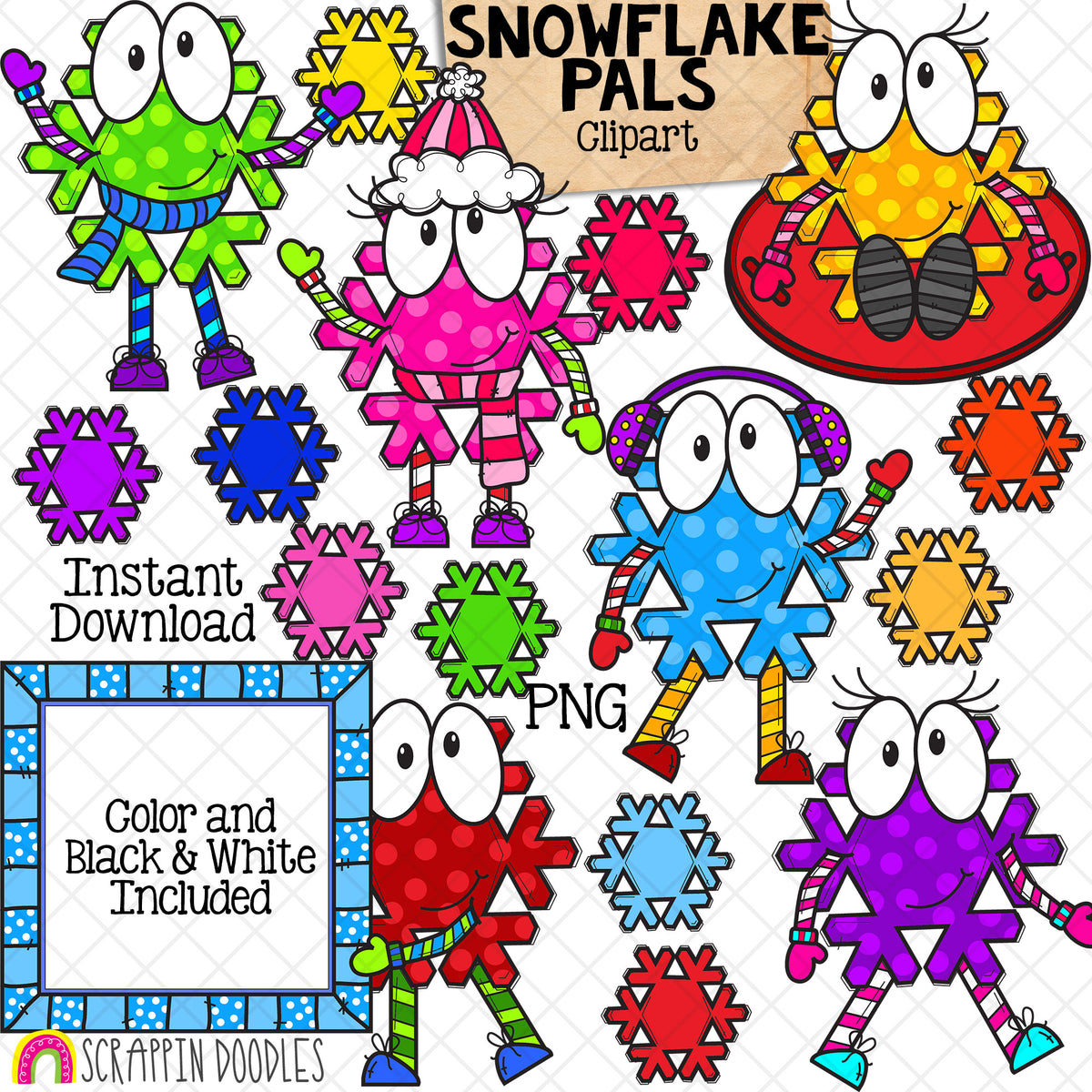 Snowflake Pals ClipArt - Snow Flake Characters - Sledding - Skating - Commercial Use - PNG Images