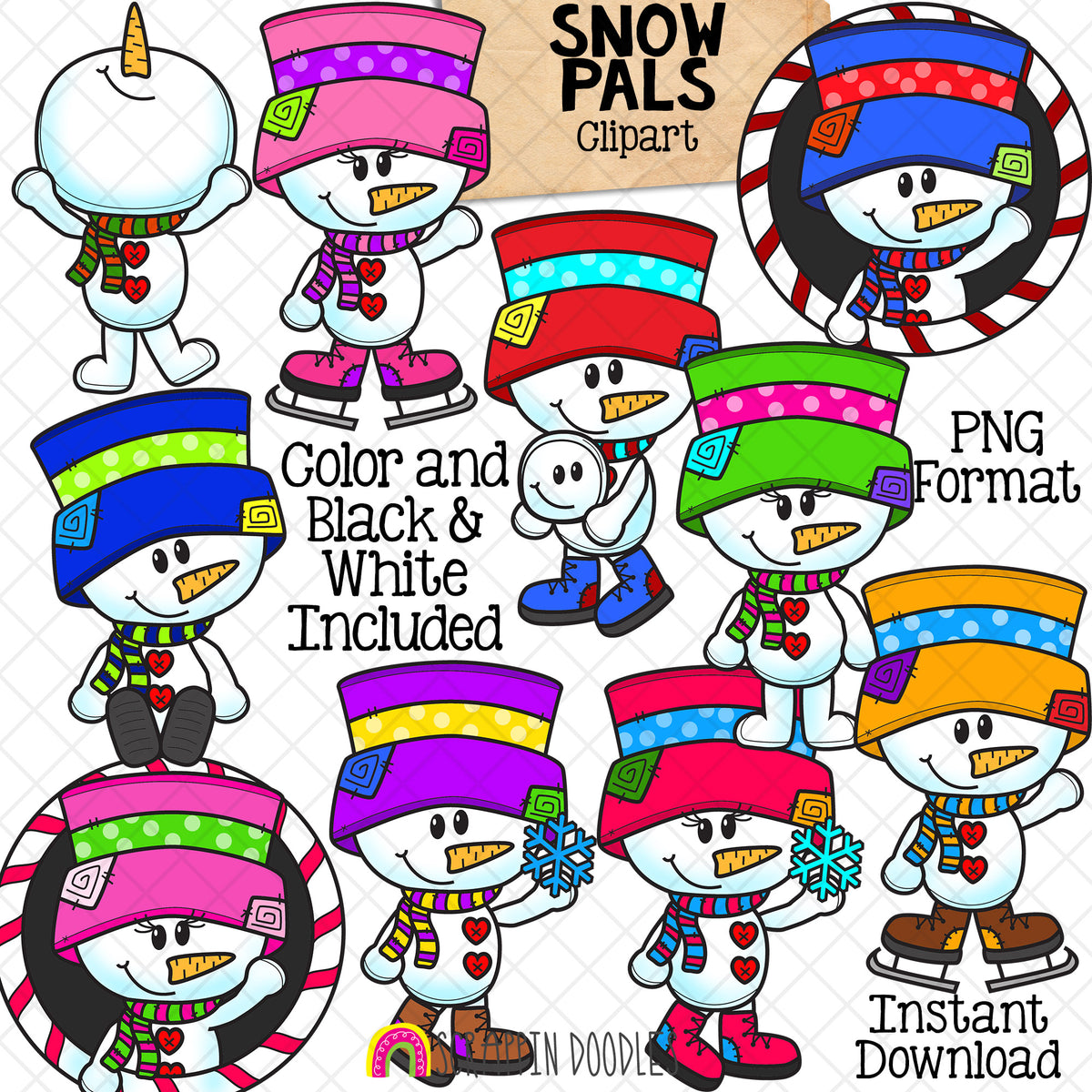 Snow Pals ClipArt - Snowmen - Winter - Skating - Snowball Fight - Commercial Use - PNG Images