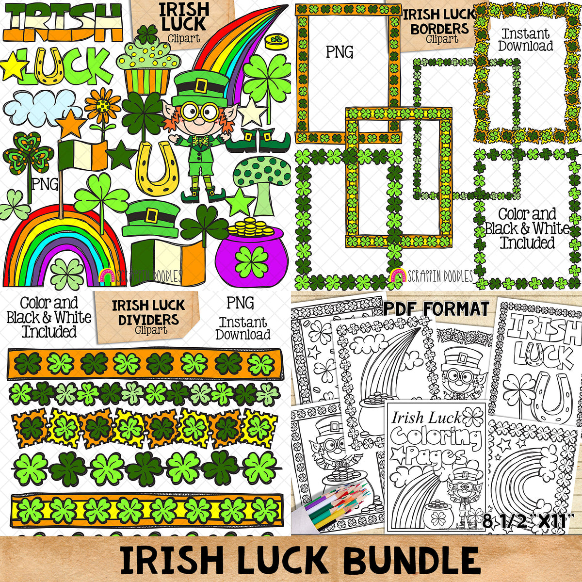 Irish Luck Clip Art Bundle - St Patricks Day - Leprechaun - Pot of Gold - Horse Shoe - Four Leaf Clover - CU PNG Sublimation