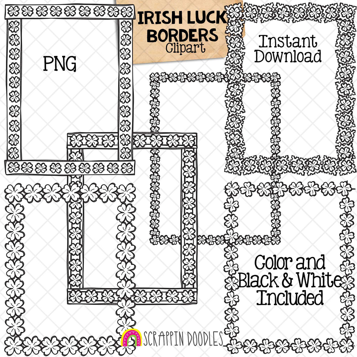 Irish Luck Full Page Borders ClipArt - St Patricks Day - Four Leaf Clover - Commercial Use - PNG - CU PNG Sublimation