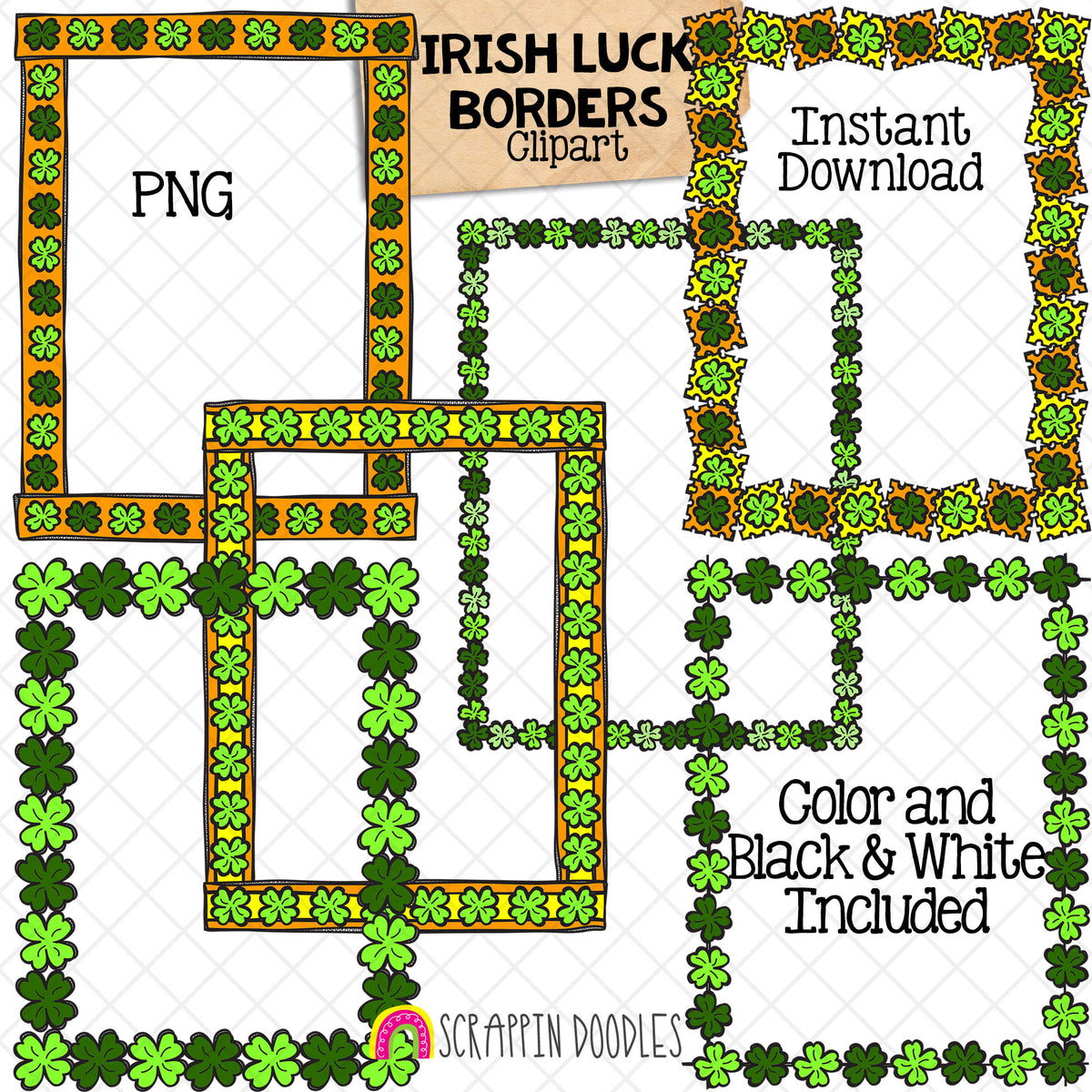 Irish Luck Full Page Borders ClipArt - St Patricks Day - Four Leaf Clover - Commercial Use - PNG - CU PNG Sublimation