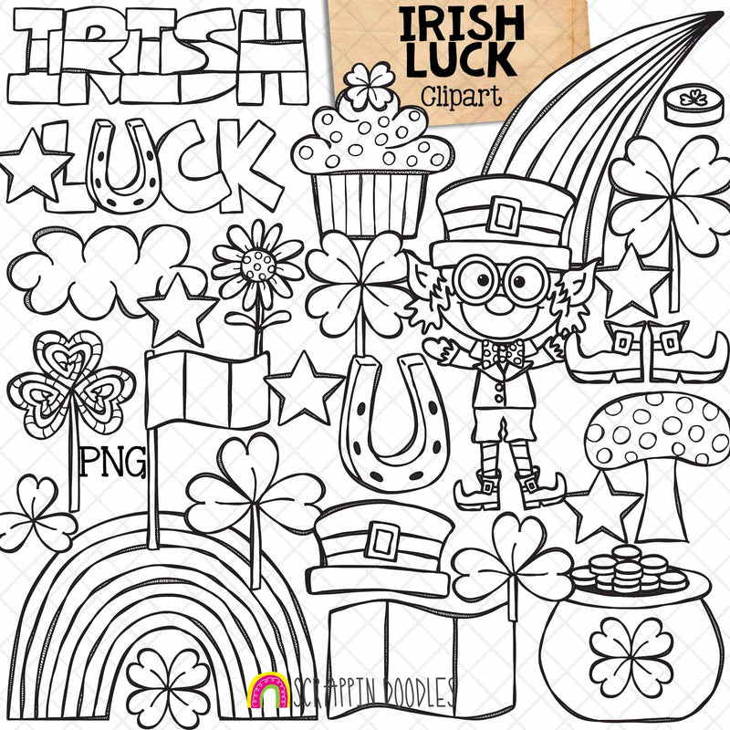 Irish Luck ClipArt - St Patricks Day - Leprechaun - Pot of Gold - Horseshoe - Rainbow - Four Leaf Clover - Commercial Use - PNG - CU PNG Sublimation